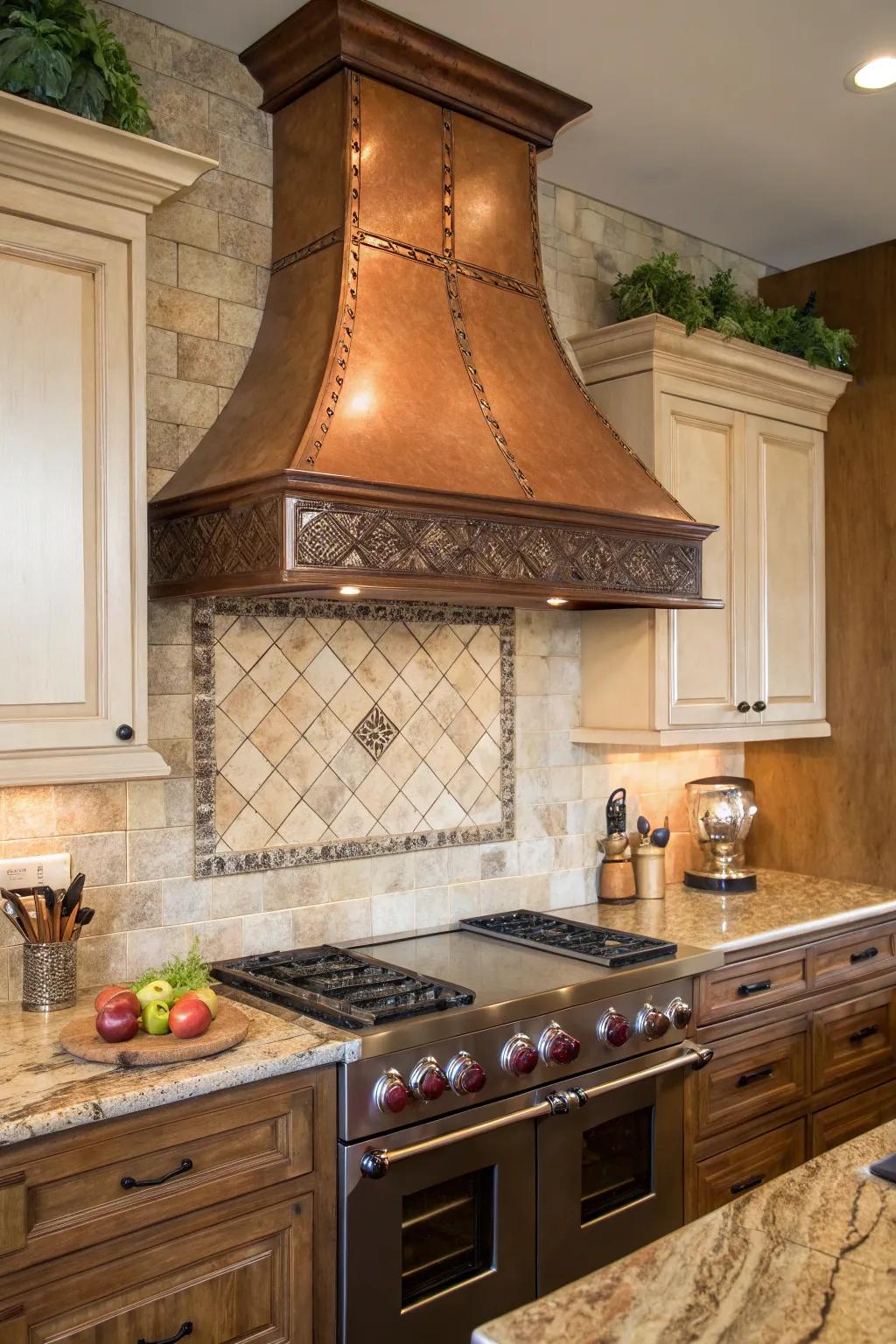 Kitchen featuring a bronze vent hood and earthy tile backsplash for a comfortable, inviting atmosphere.
