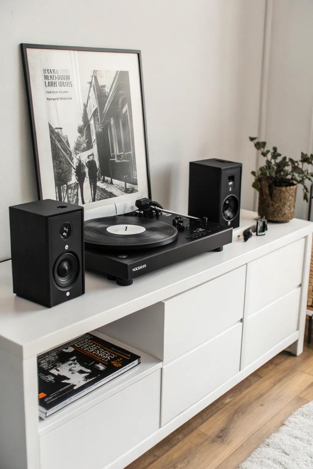 A minimalist black and white record player arrangement.