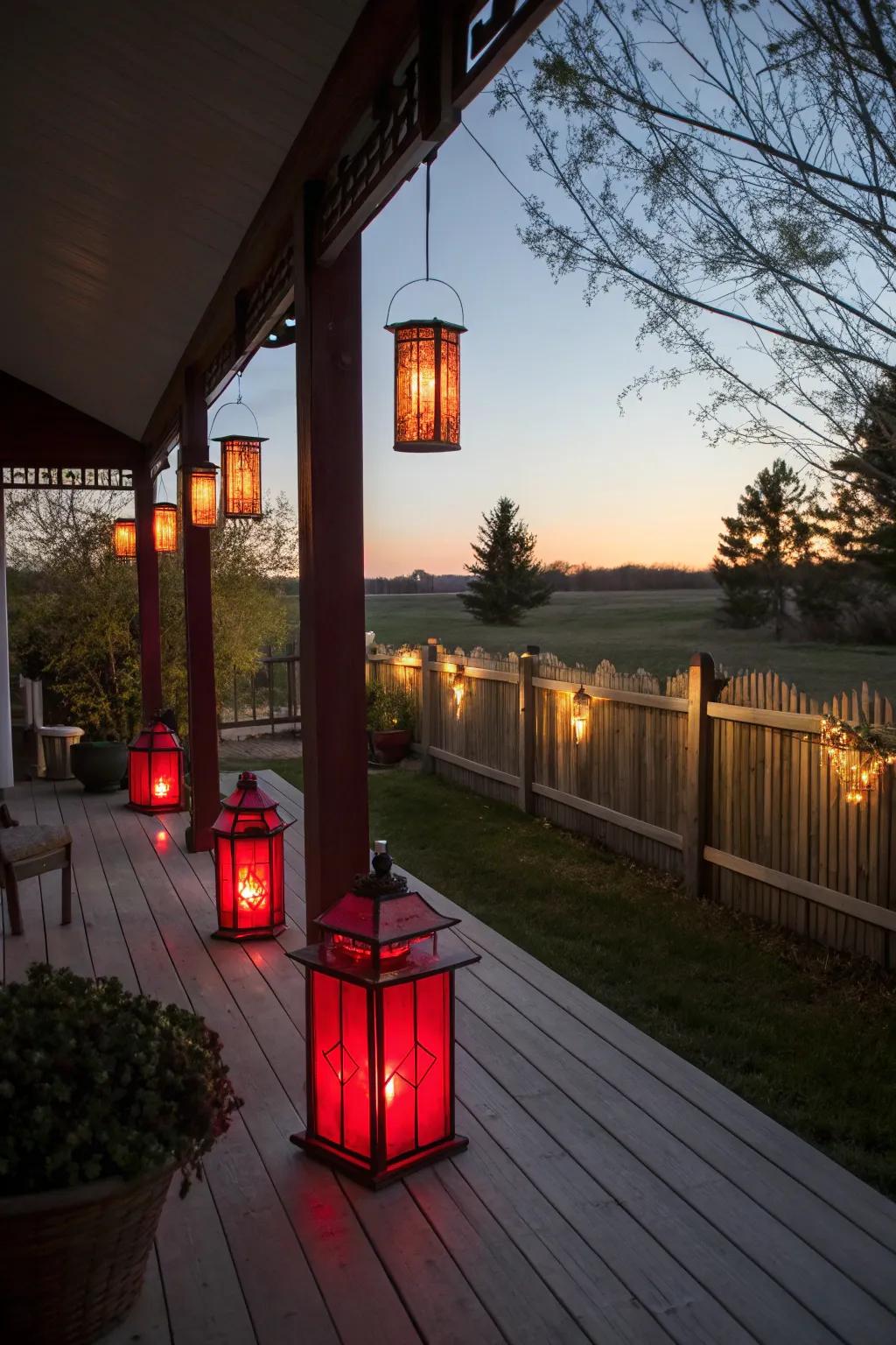 Country red lights fashioning a snug outdoor atmosphere.