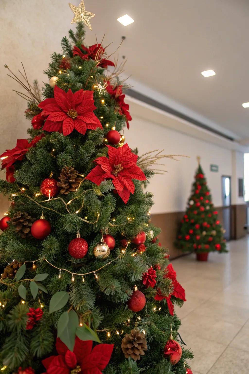 Vibrant Christmas tree featuring scarlet florals and greenery