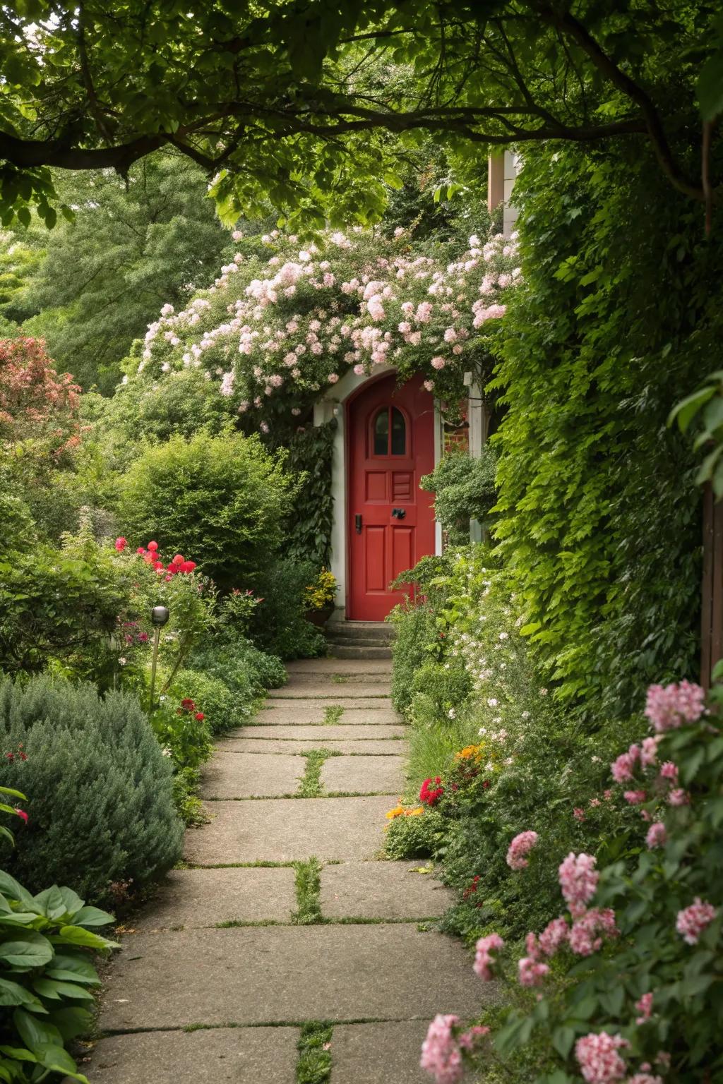 Mystical garden pathway leading to a red entrance.