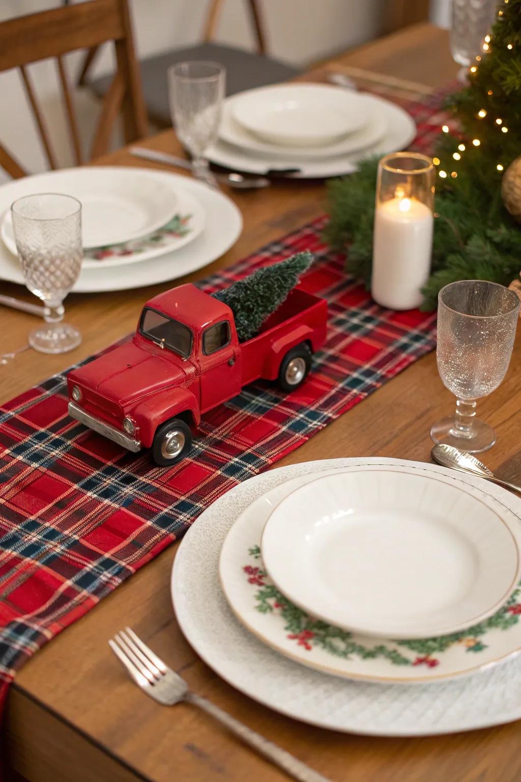 Festive table arrangement with a crimson pickup and checkered table overlay.
