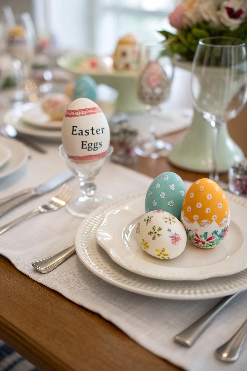 Personalized Easter eggs compose distinctive place settings.