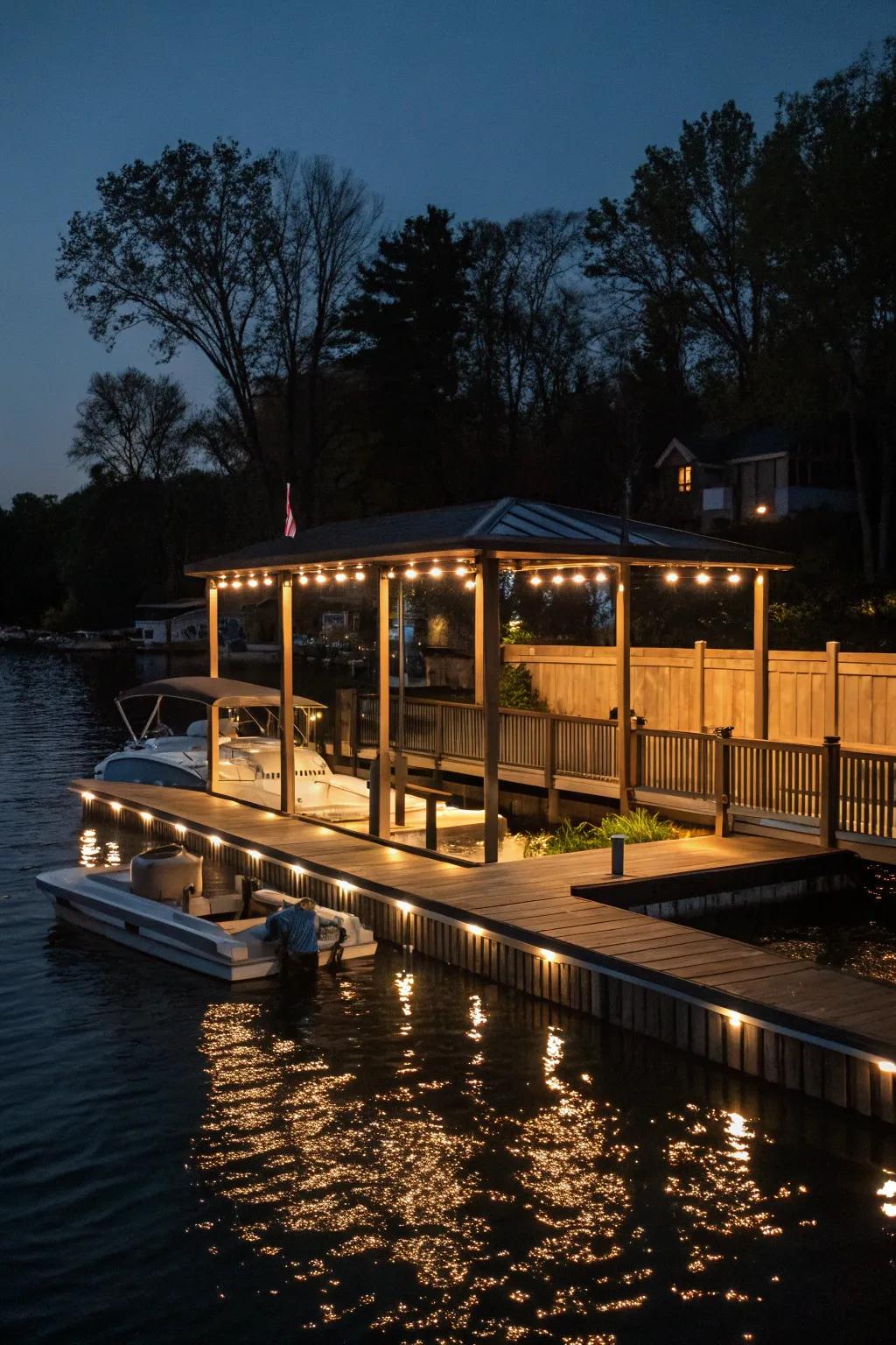 A dock illuminated by ambient lighting, creating a charming nighttime atmosphere.