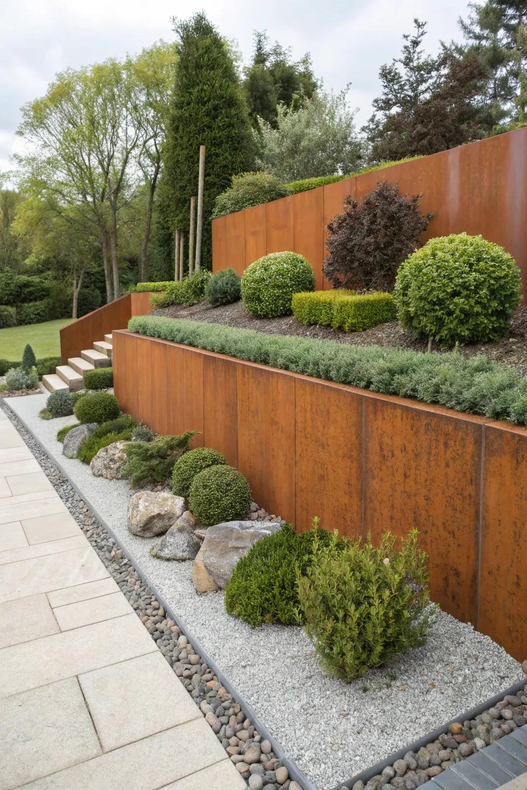 Corten steel walls append an industrial chic accent to gardens.
