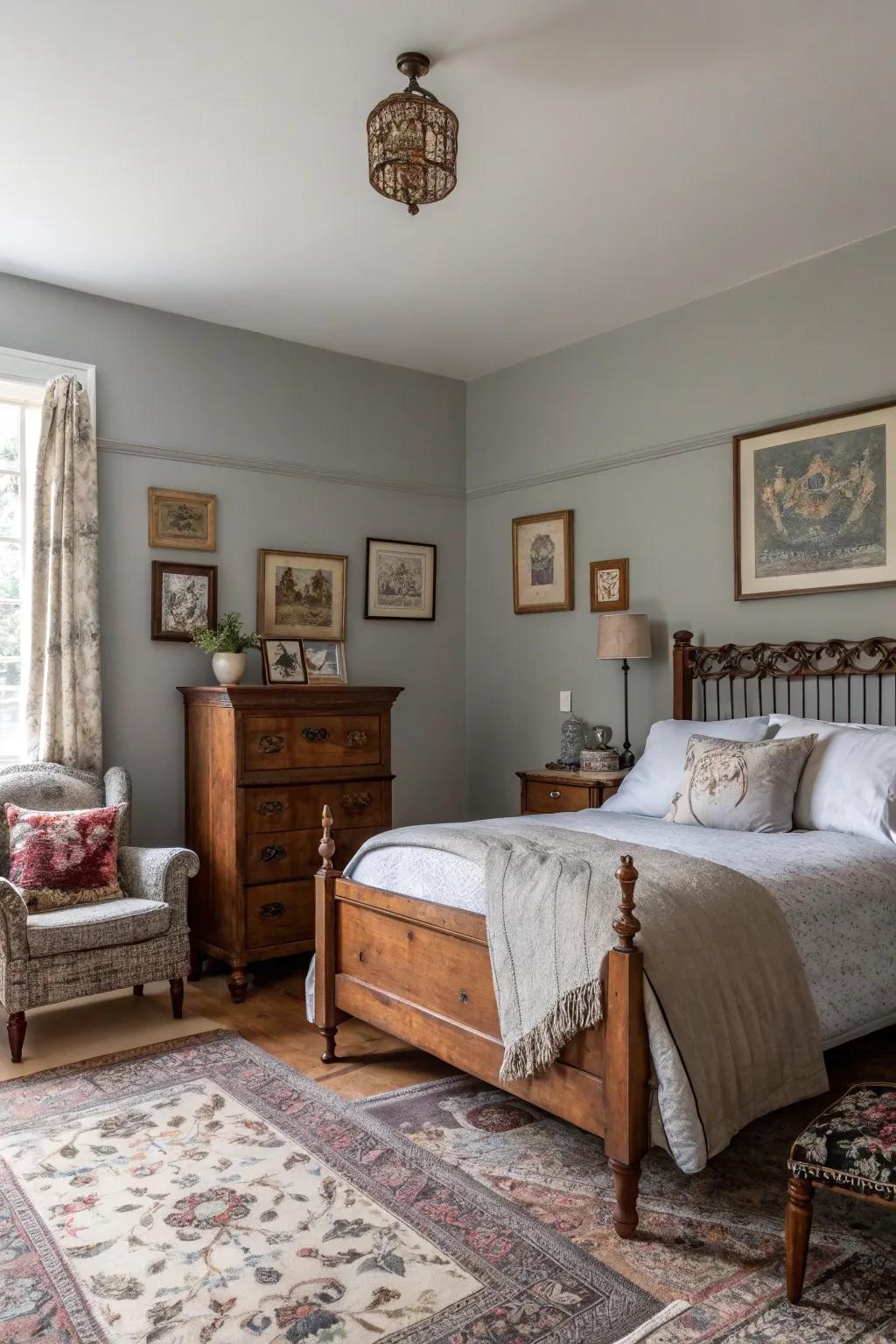 Vintage touches imbue a Willow Gray bedroom with character.