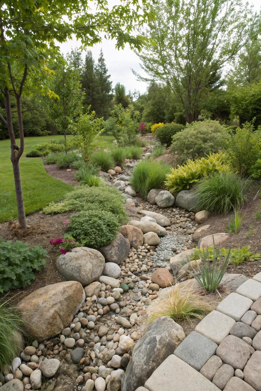 A shoreline stone brook bed delivers an eco-conscious remedy for garden drainage concerns.