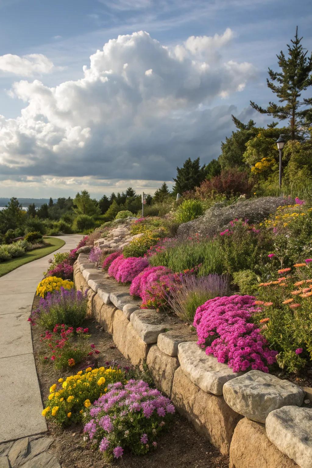 Stone barriers introduce countryside allure and steadiness.