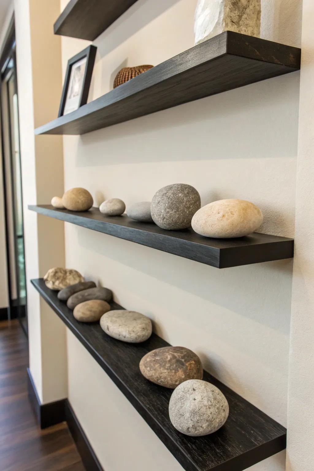 Floating shelves creating a sleek rock display