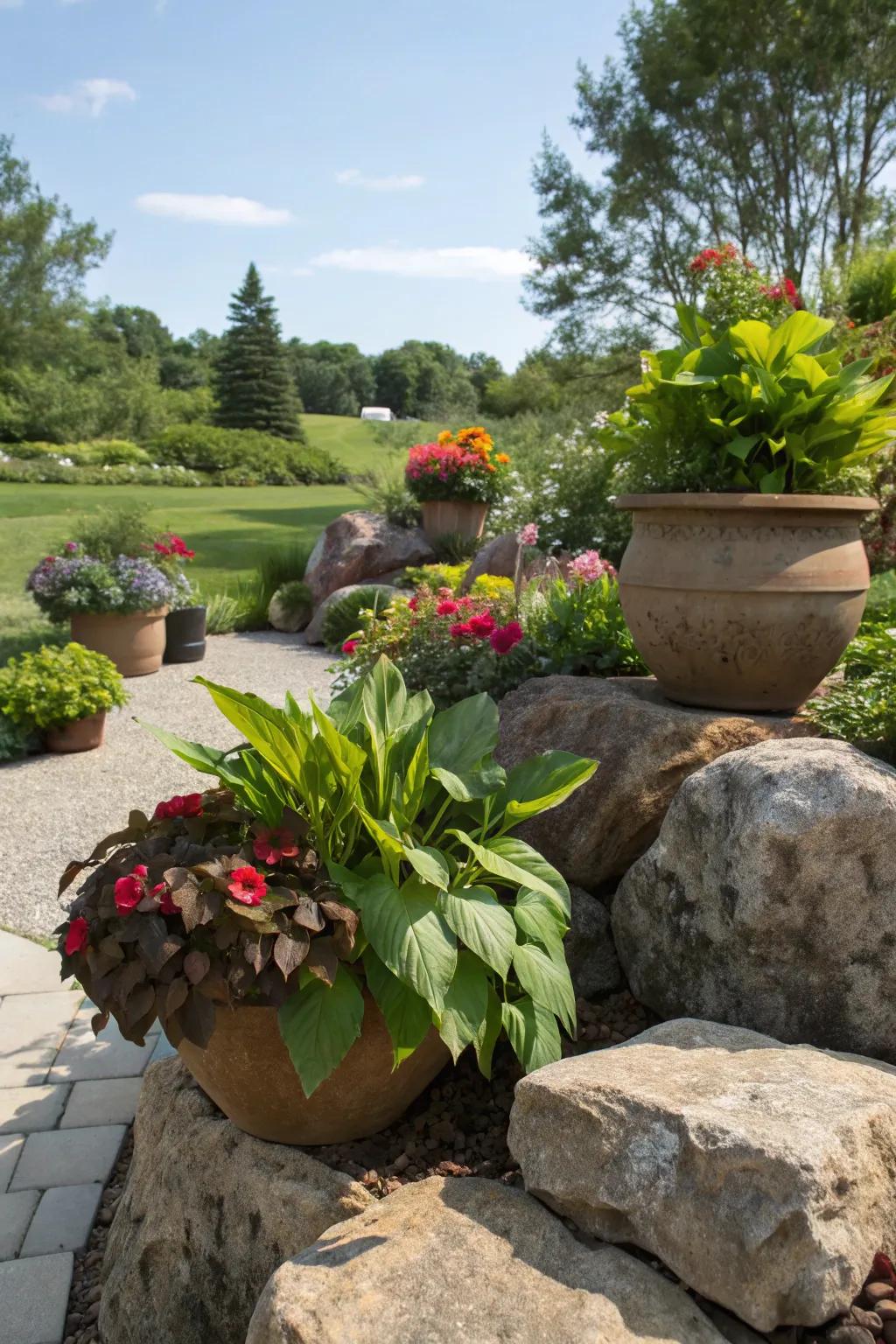Potted flora artistically arranged on grand garden stones for heightened altitude.