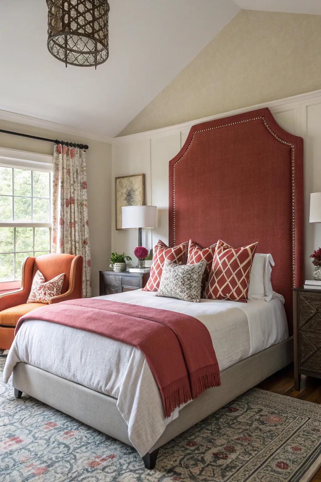 A notable headboard introduces drama and emphasis to the bedroom.