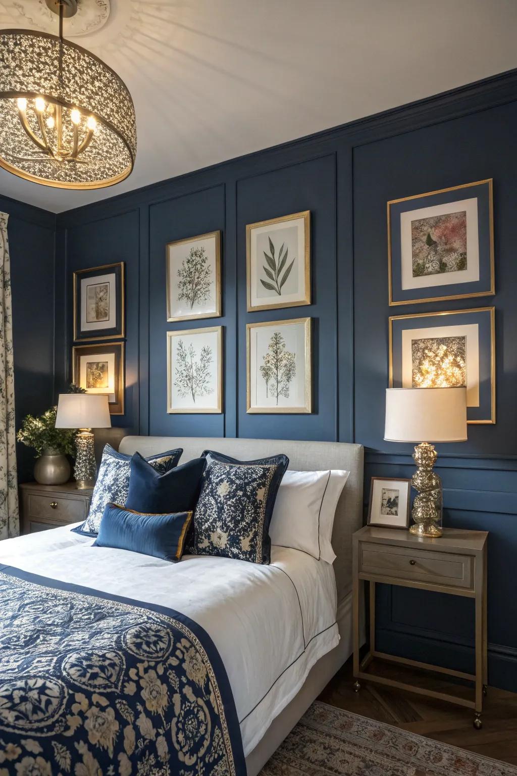 Mural art appends a personal and aesthetic accent to indigo décor.
