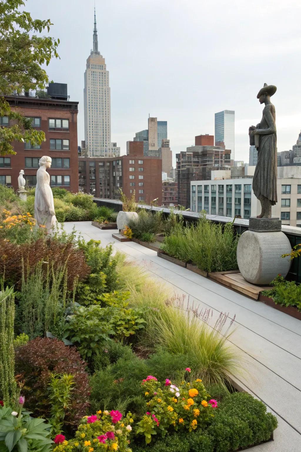 Sculptures introduce artistic panache and focal points to the rooftop.