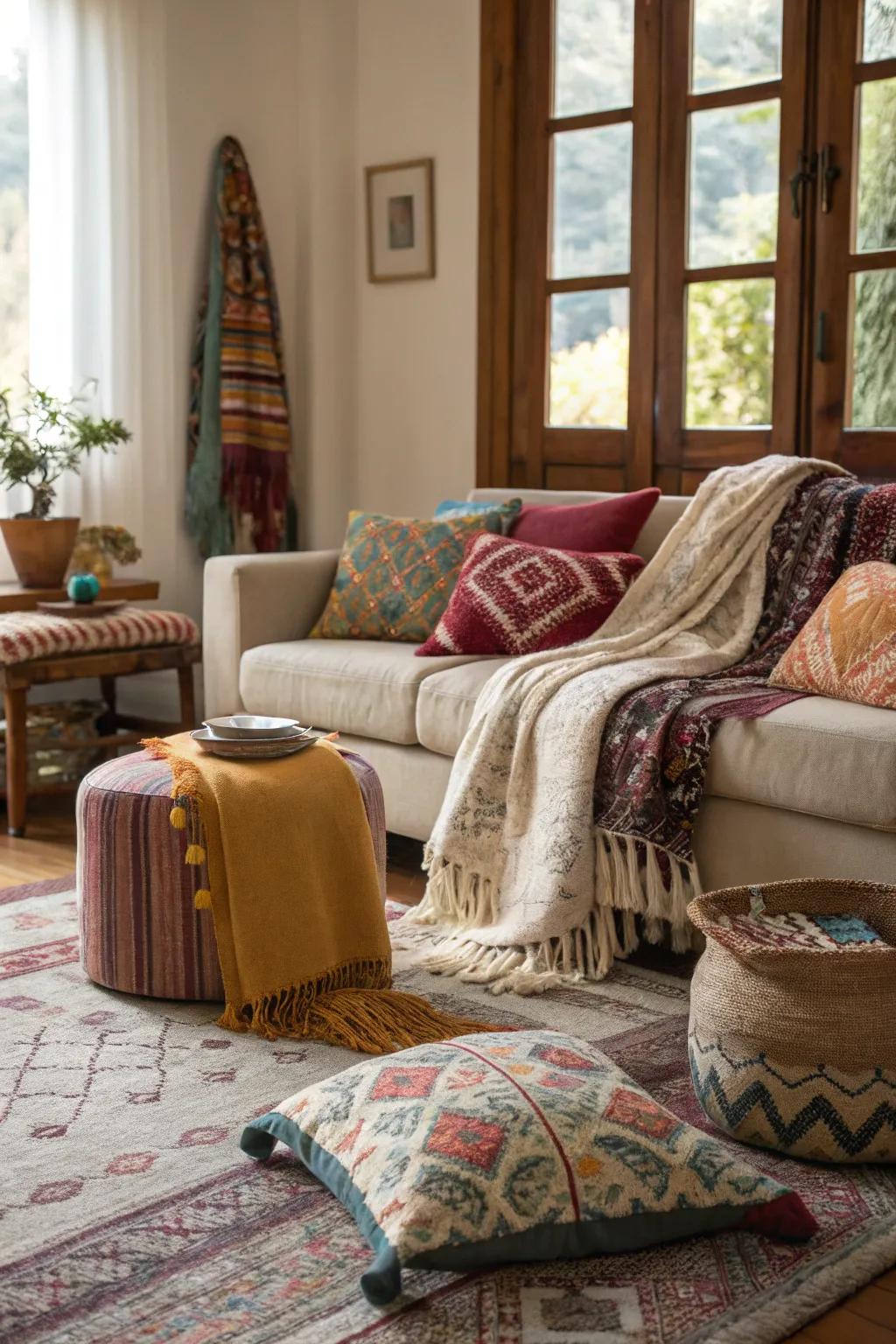 An inviting space imbued with warmth, achieved through the layering of diverse textiles.