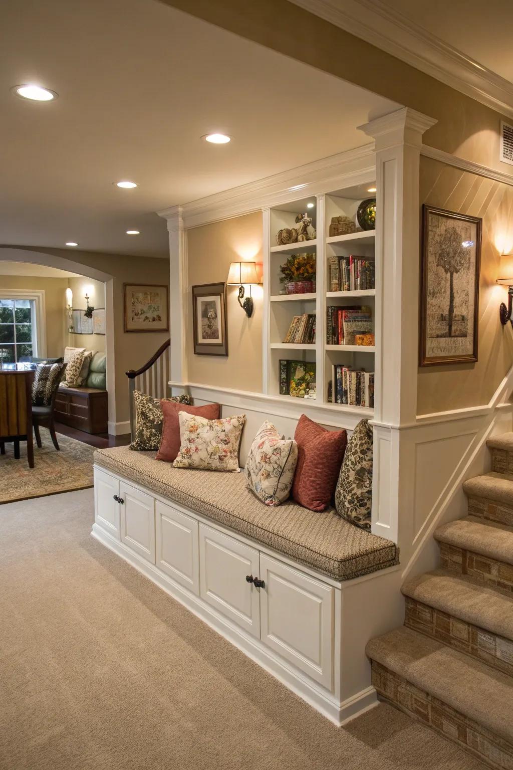 A living area featuring a partition wall that integrates seating and storage for enhanced practicality.