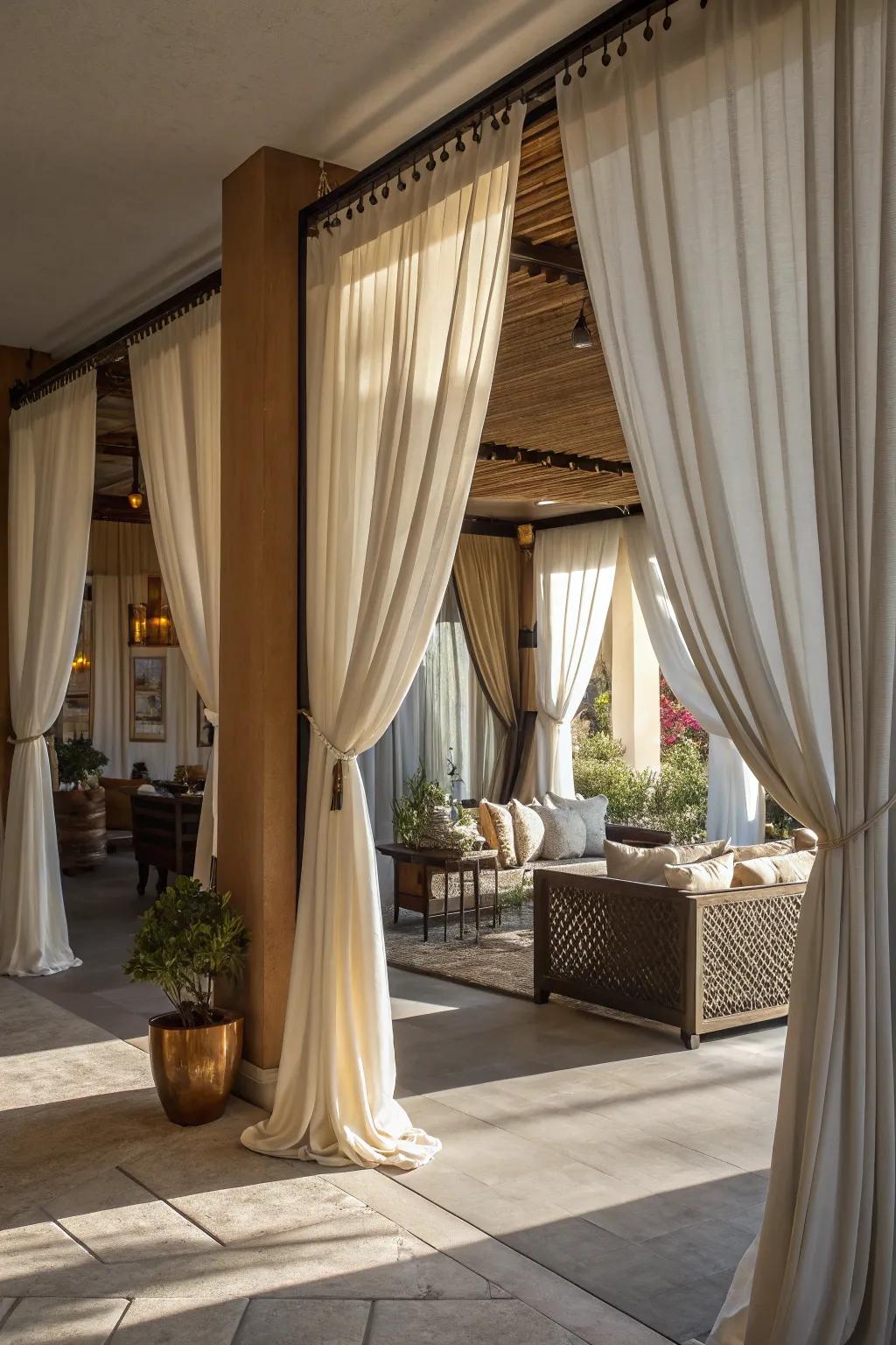 Curtains add flexibility and elegance, acting as stylish room dividers.