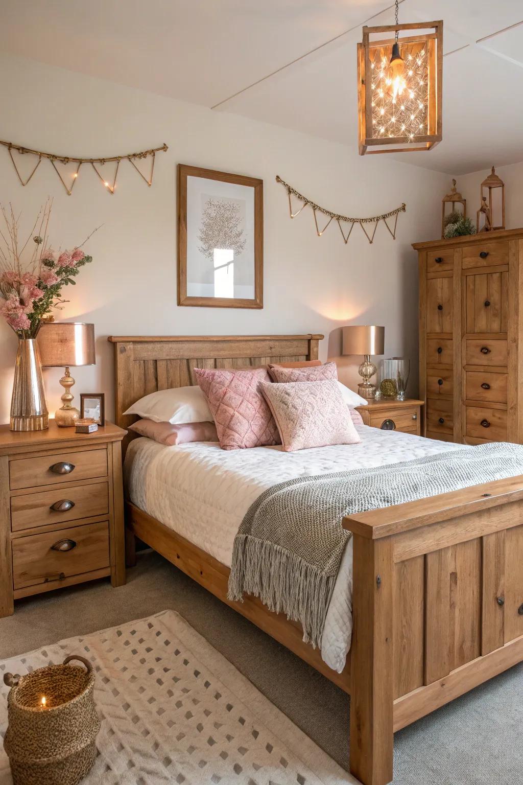 Timber and rose gold unite to fashion a bedroom of balanced, cozy charm.
