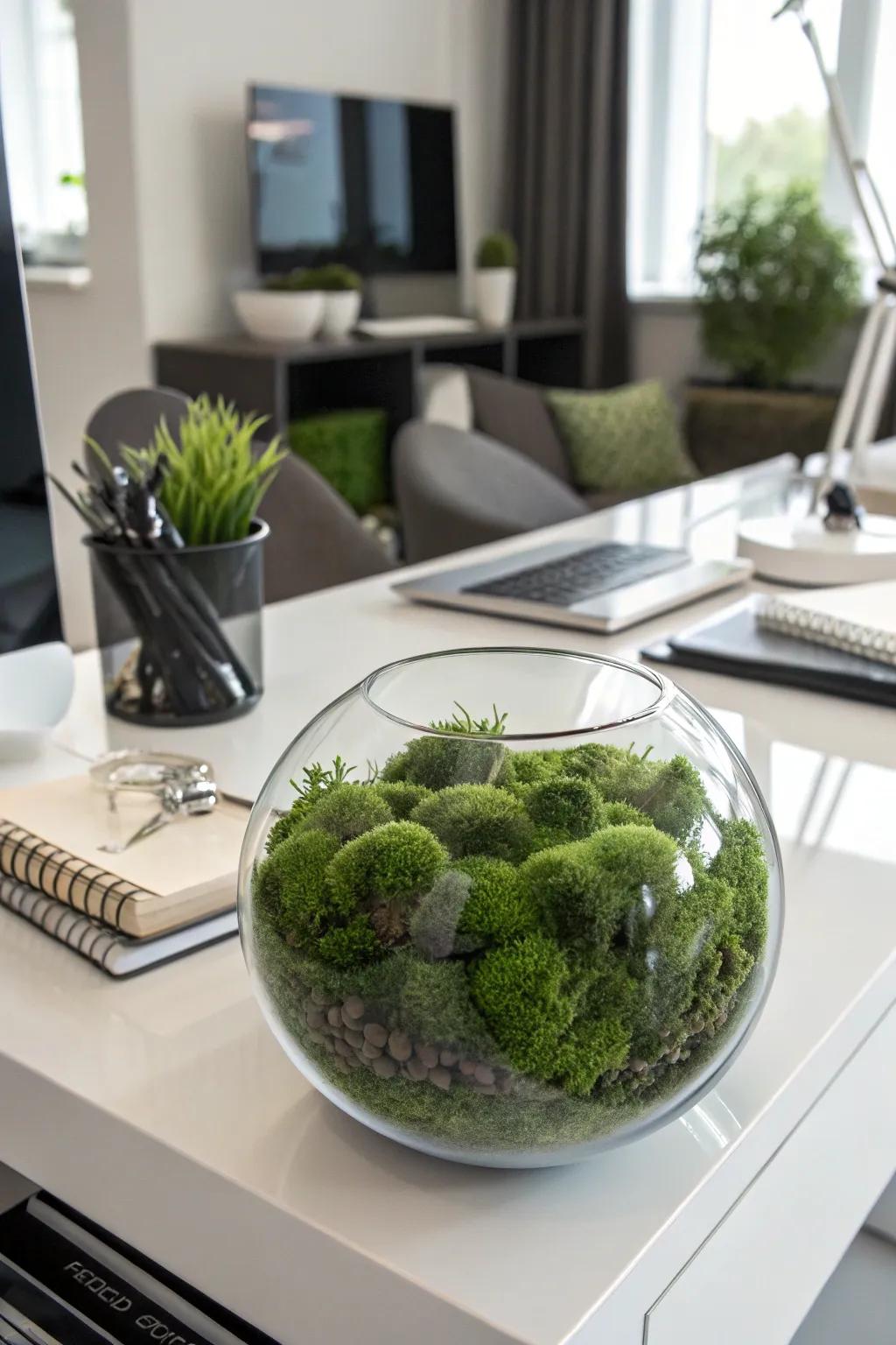 Manufactured moss within a glass vessel provides a verdant and lush decor element.