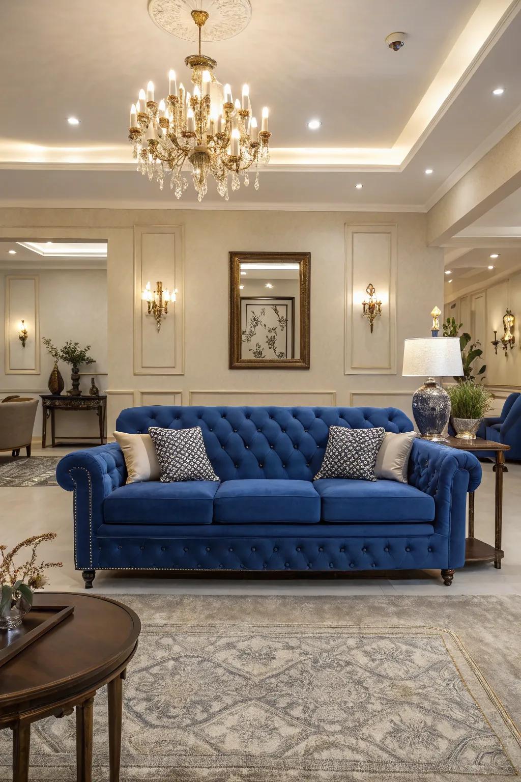A balanced arrangement enhances the sapphire settee's presence within the room.
