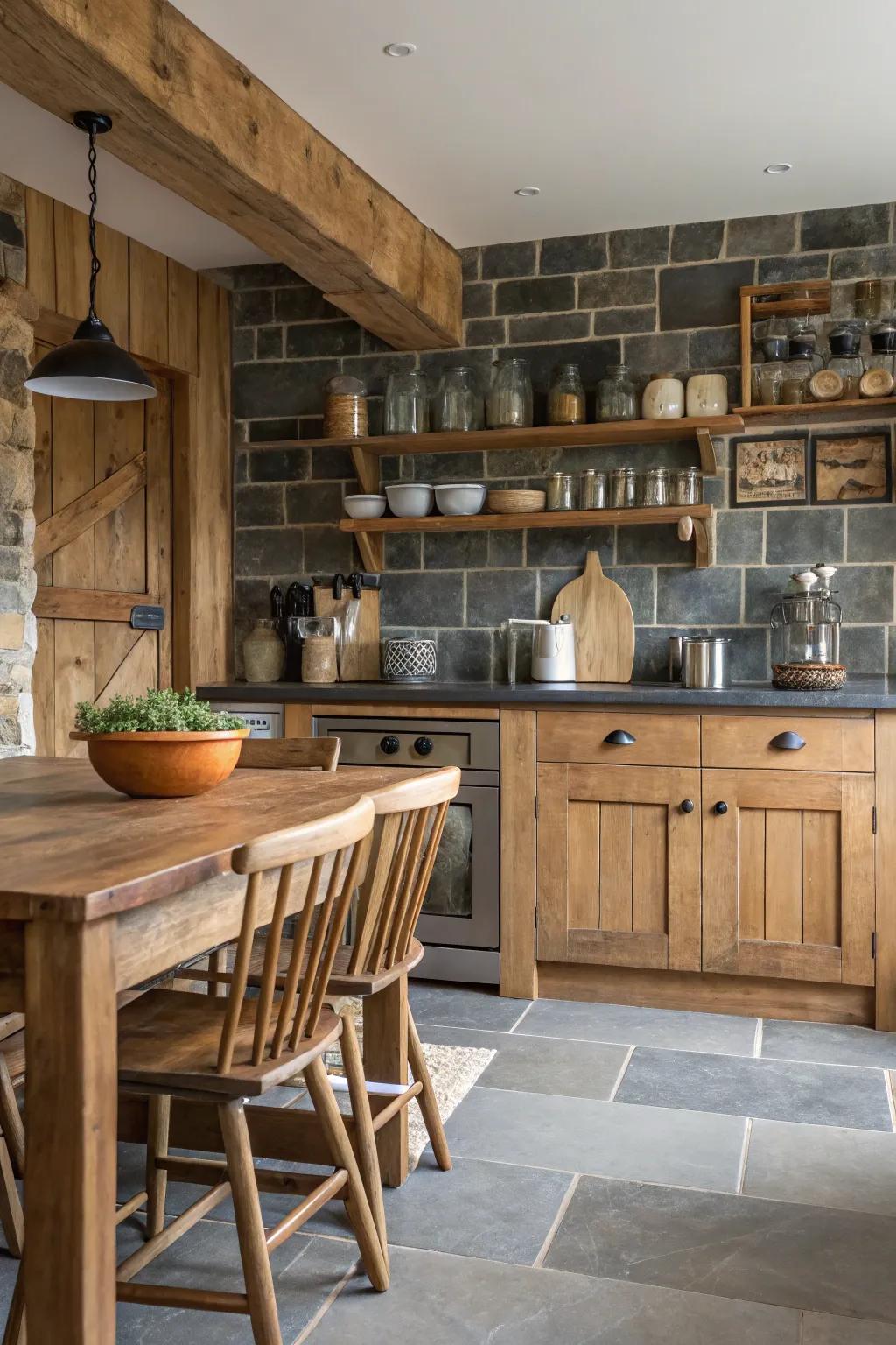 Thin stratified rock cladding incorporates a refined countryside charm to the kitchen.