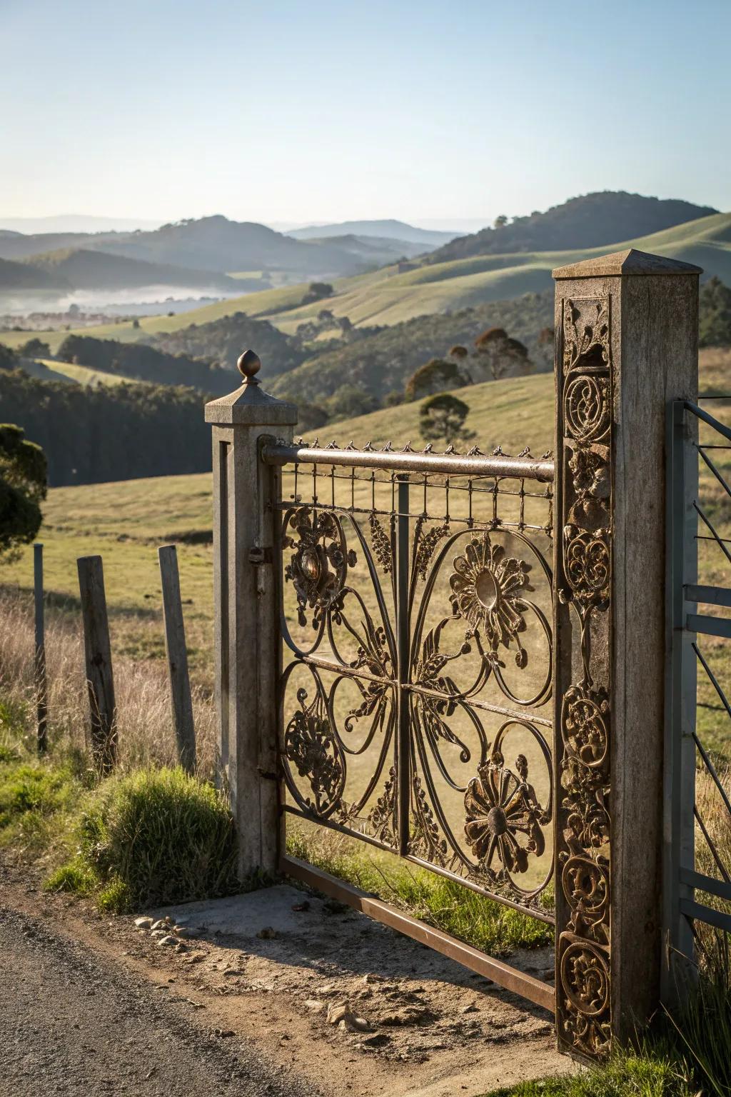 A rural portal with striking artistic metallic inlays.