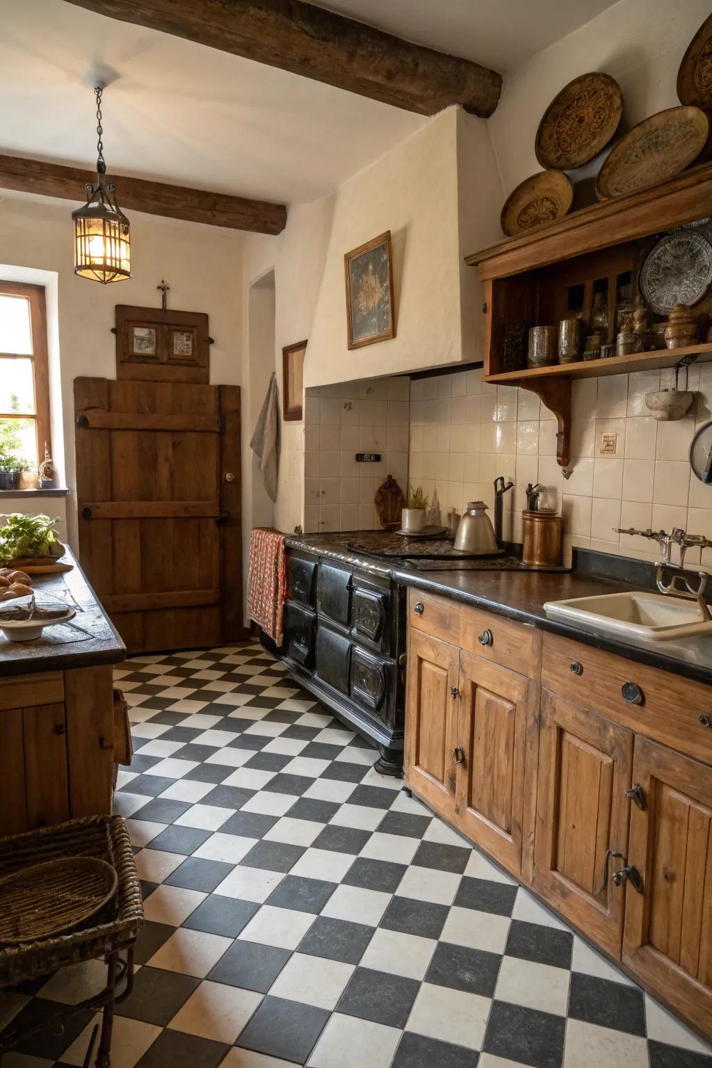 Checkerboard patterns infuse vintage charm into kitchens.