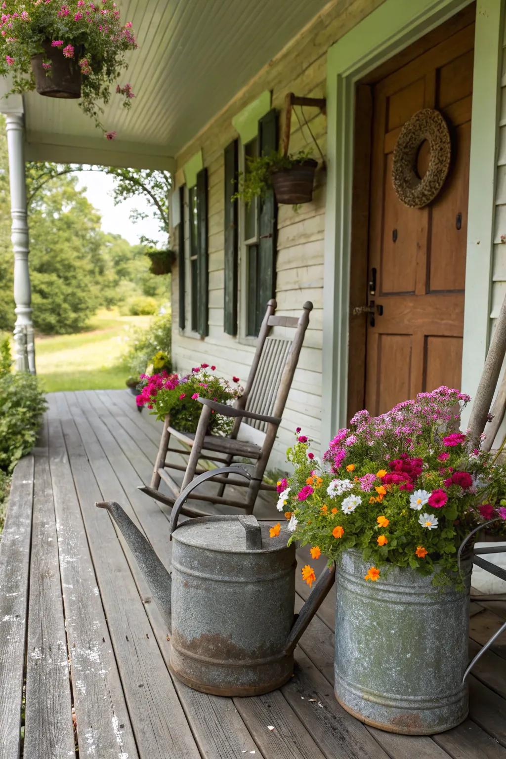 Old watering cans filled with flowers add vintage charm to a veranda.