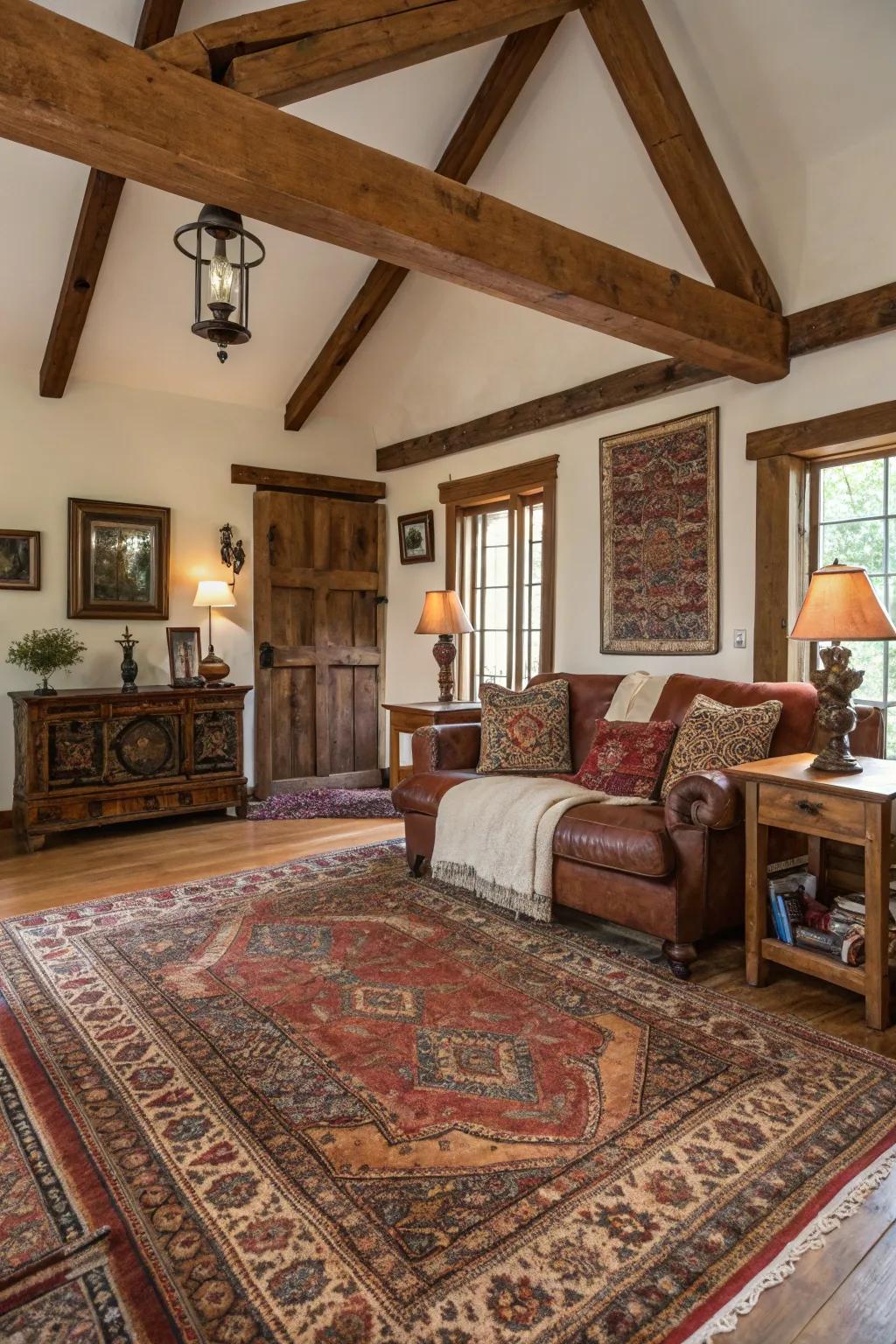 Vintage floor coverings infuse depth and elaborate patterns into rustic living rooms.