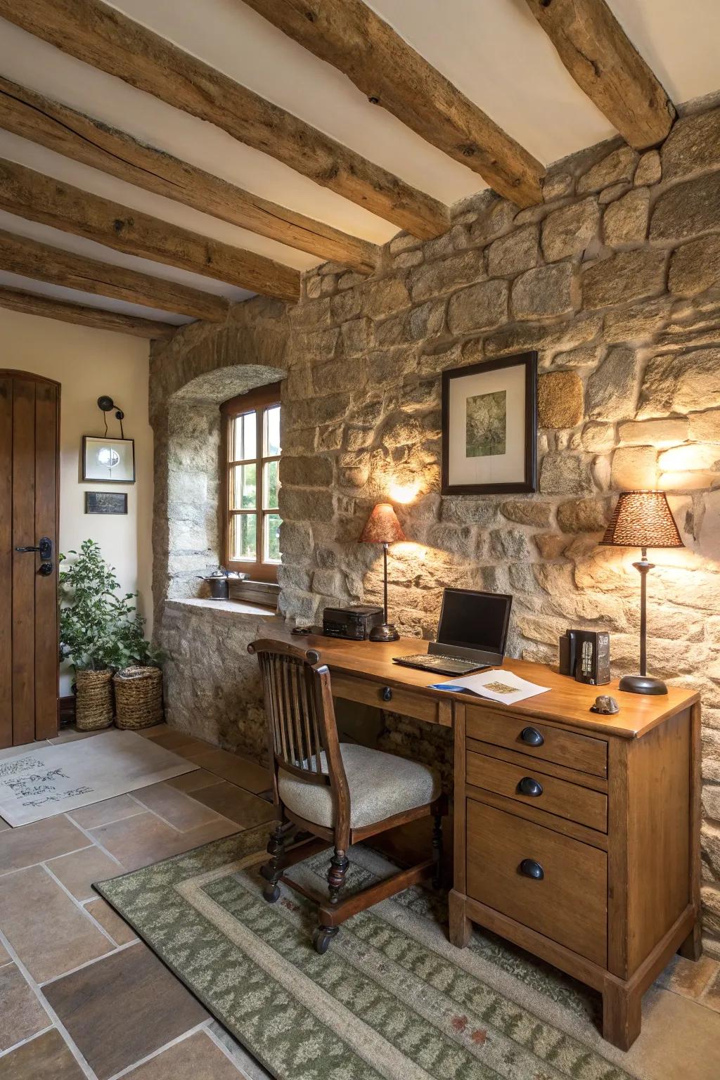 A stone accent feature adds rugged texture to a country-style office.