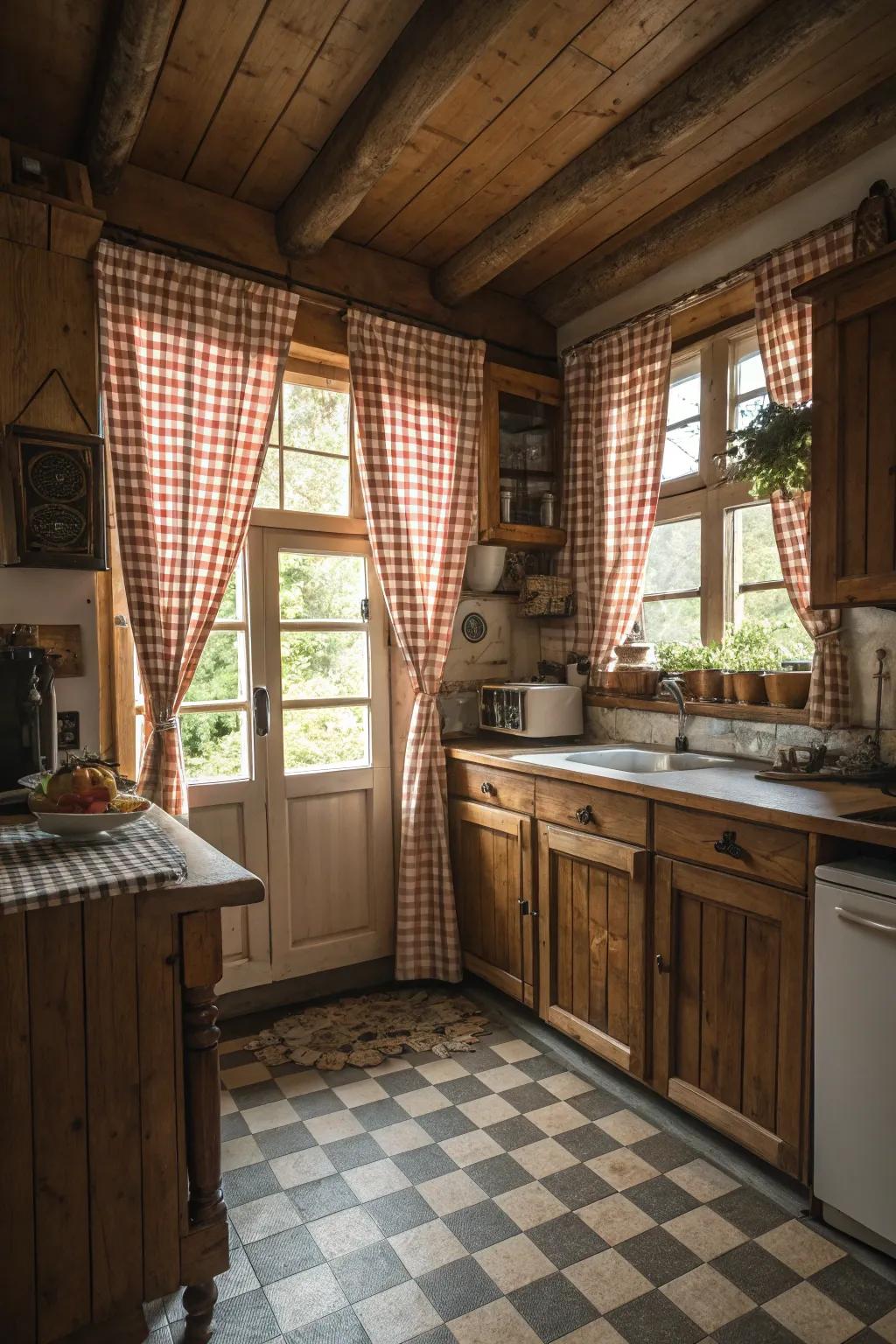 Checkered textiles append a nostalgic feeling to the cooking area.