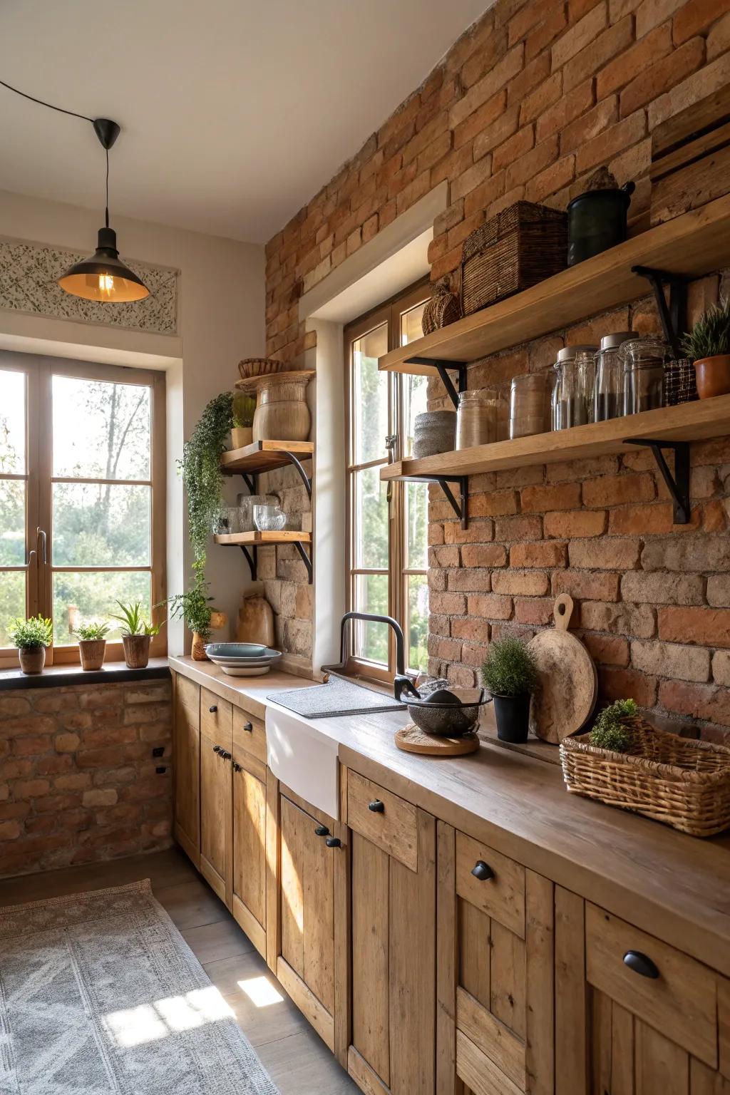 A stone accent wall contributes depth and warmth to the kitchen.