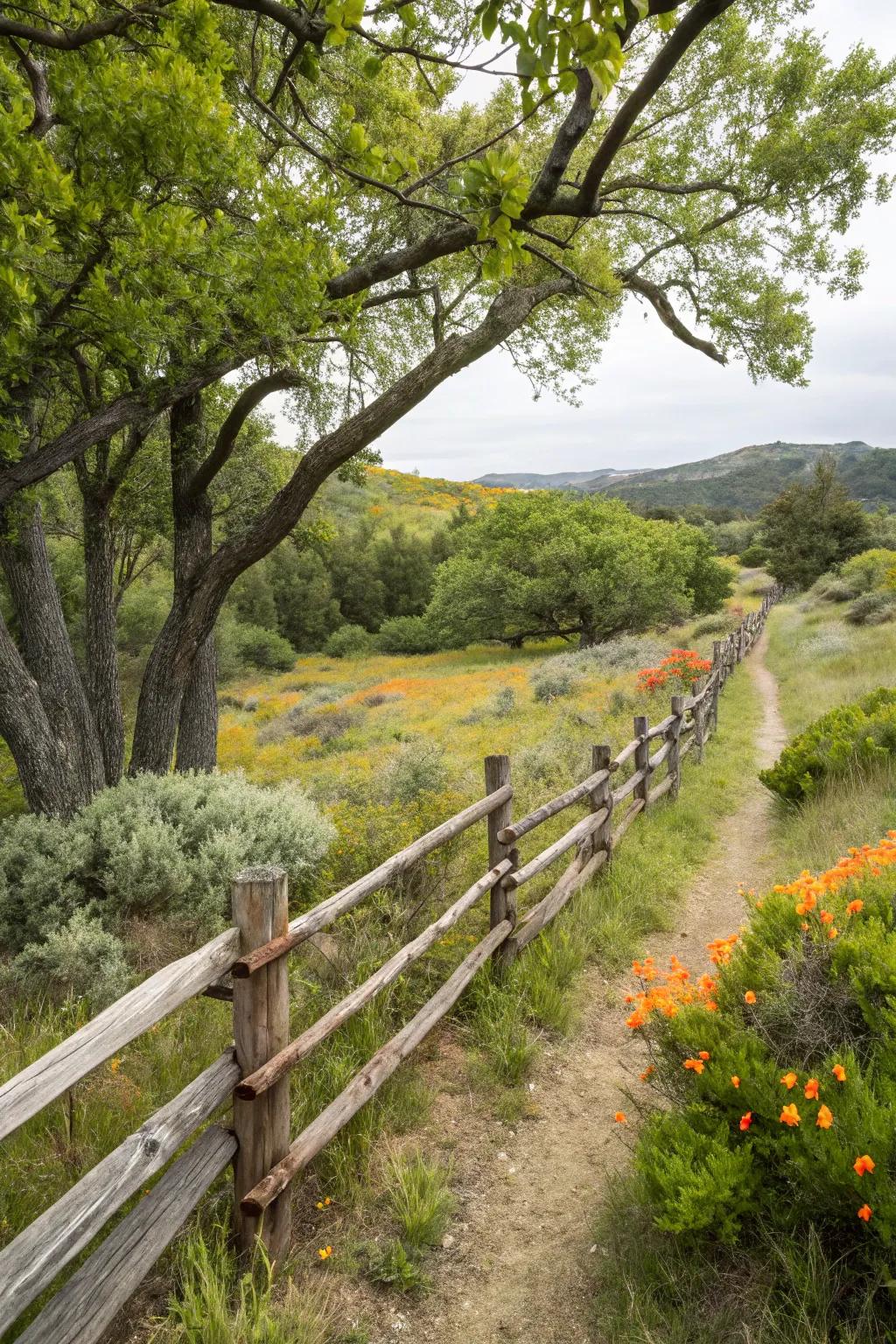 A forest withdraw with a split rail fence encompassed by local vegetation.