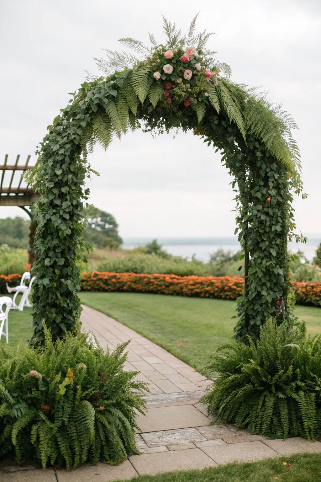 An arch enveloped in verdure, proffering a profuse and innate vibe.