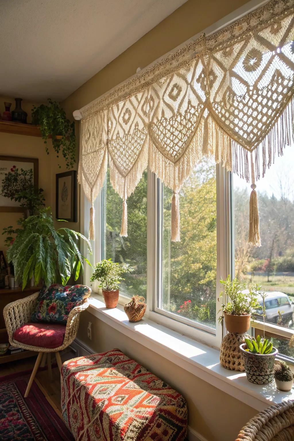 A sunlit bohemian sun-drenched space with a knotted cord valance that incorporates intricate weave.