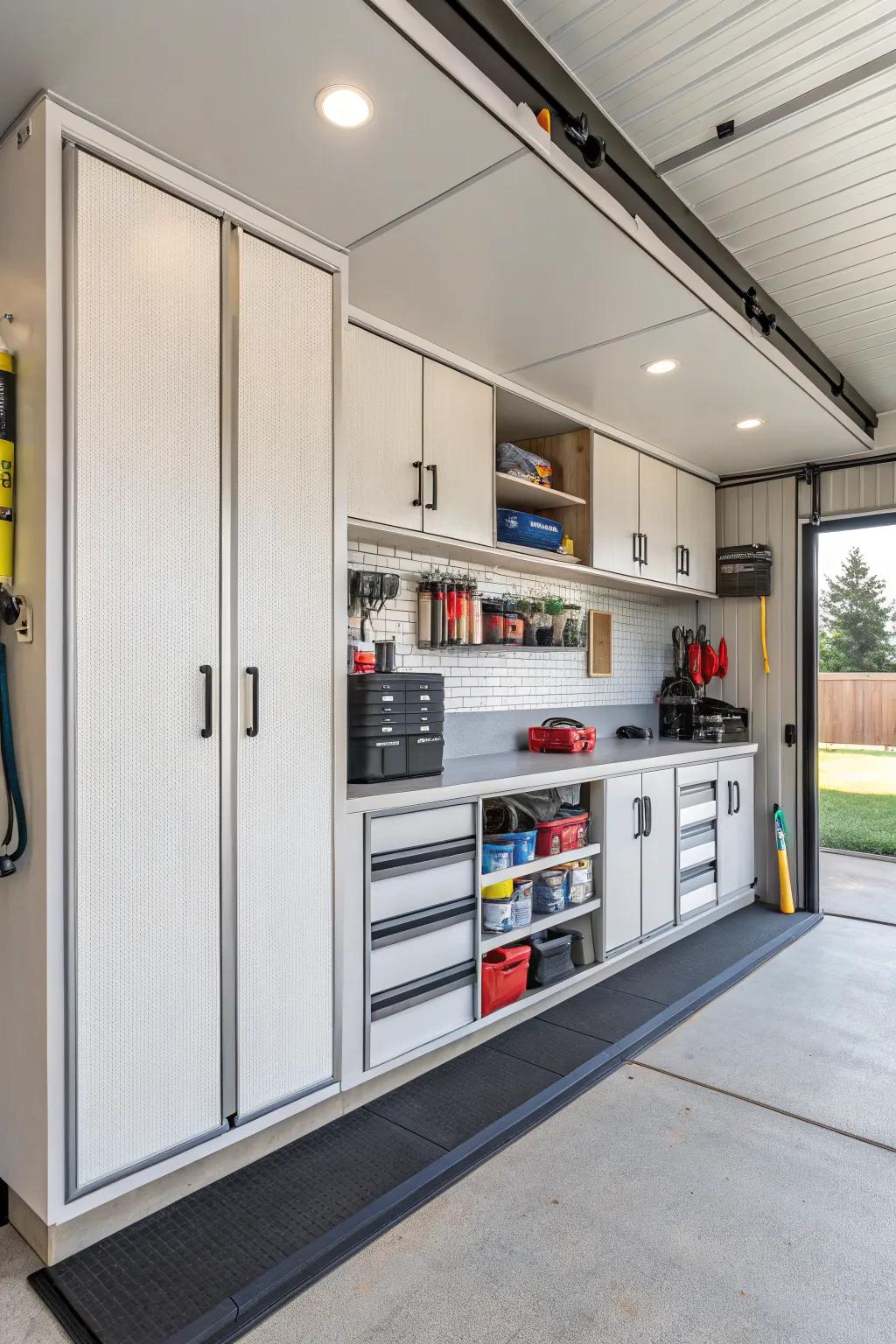 Clever storage techniques maintain a neat and orderly RV garage.