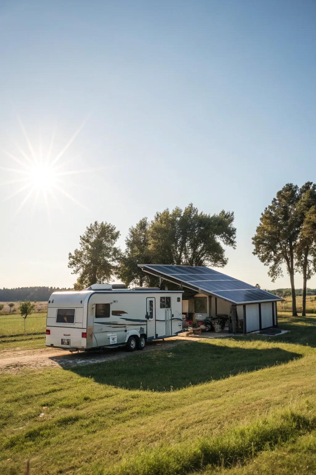 An RV shed featuring solar panels, combining practicality with sustainability.