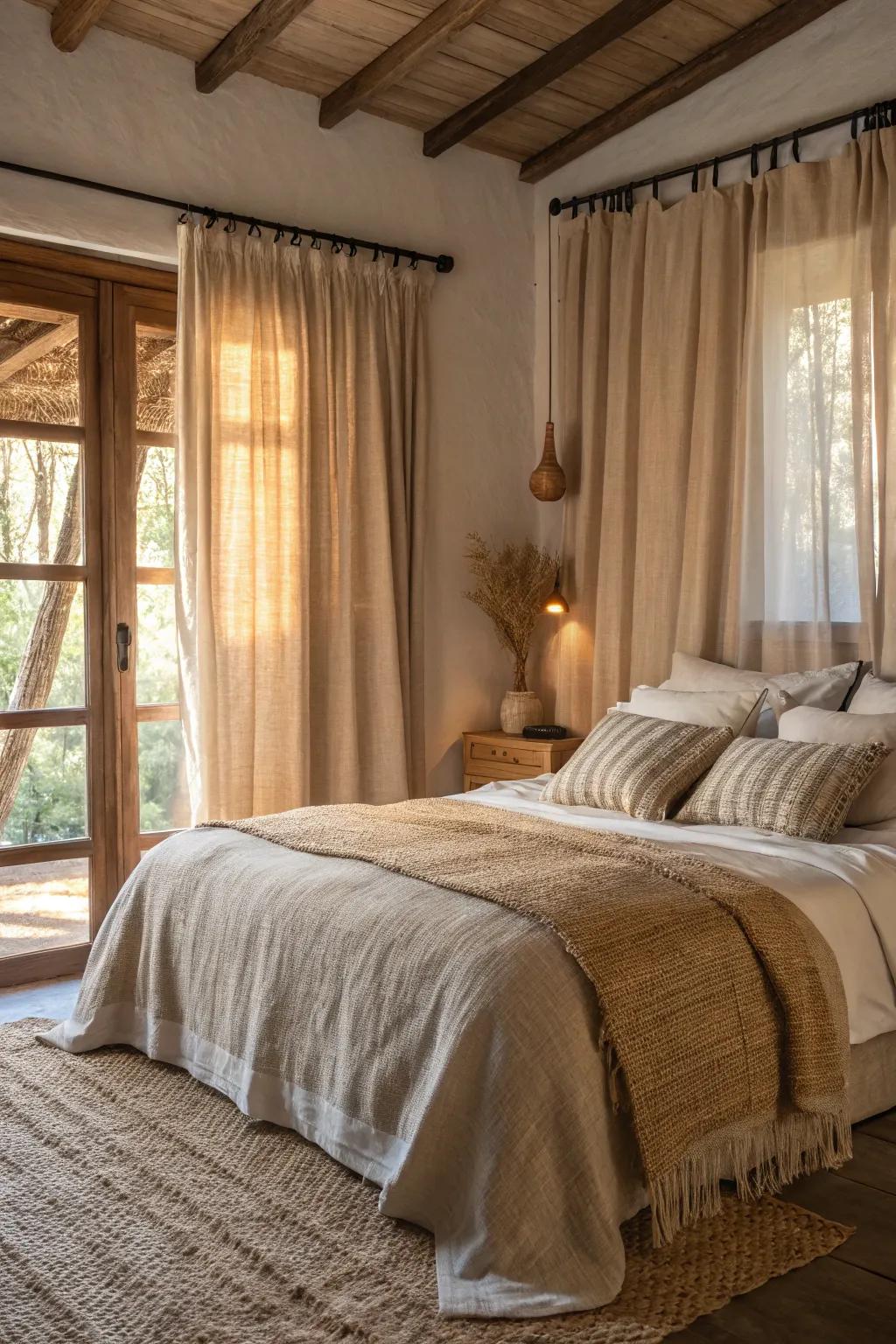 Textured textiles infuse the bedroom with profundity and warmth.