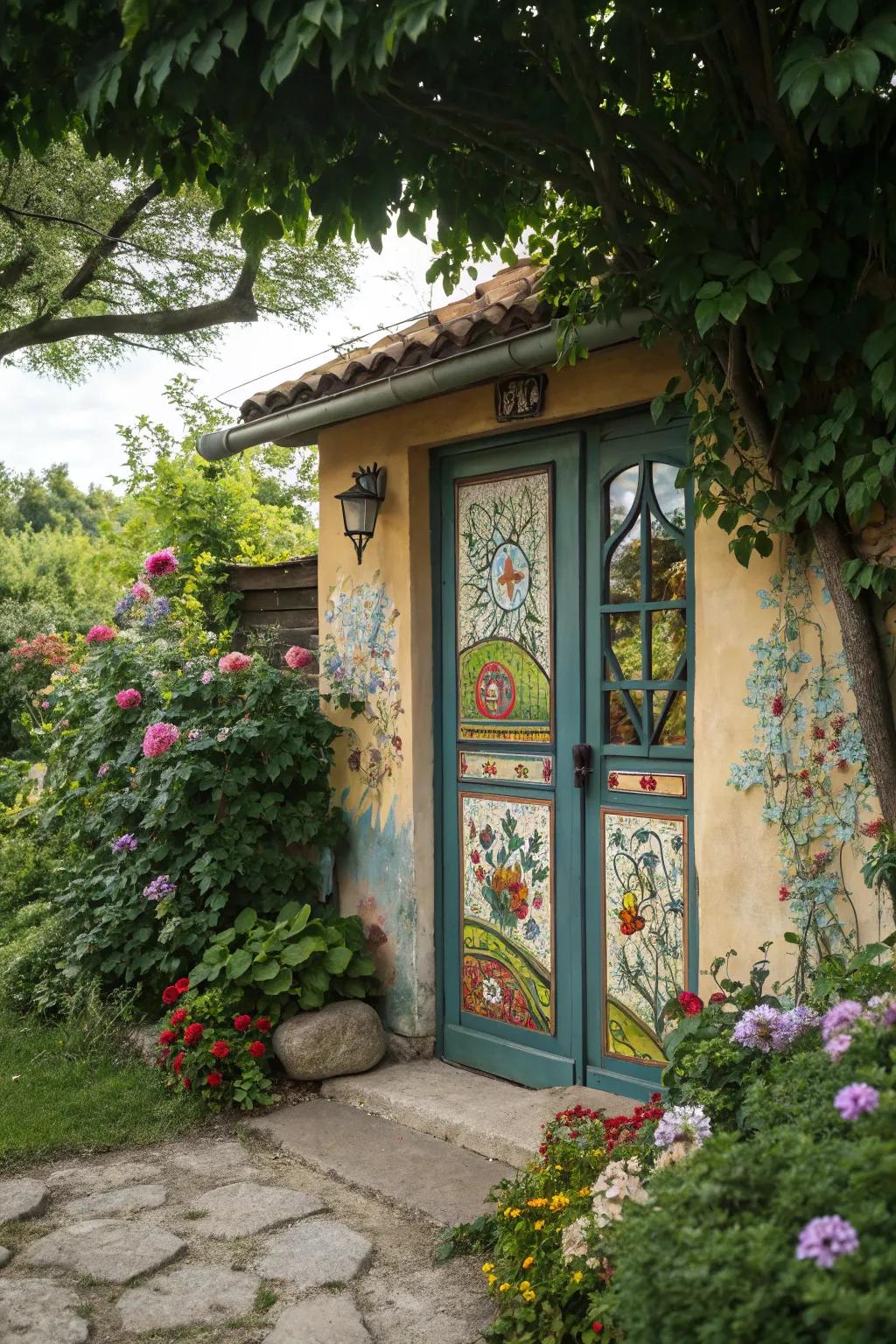 A fresco transmutes this garden door into a vibrant masterpiece.