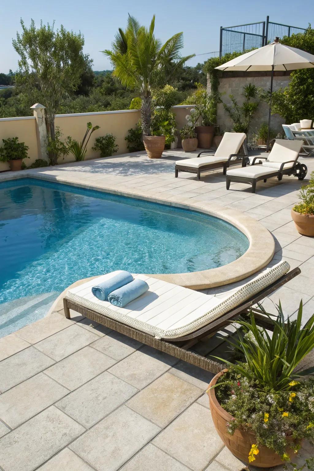 A partially submerged pool featuring a relaxing sunbathing platform for sun enjoyment.