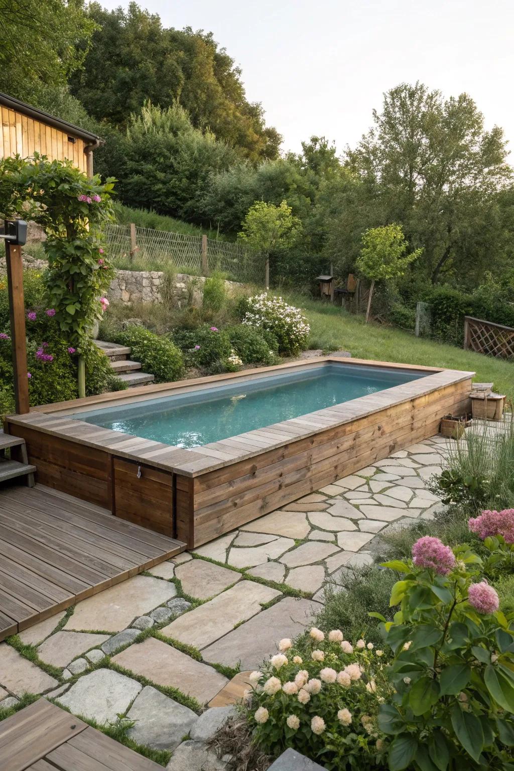 A countryside wood and rock fusion creates a textured and warm poolside feel.