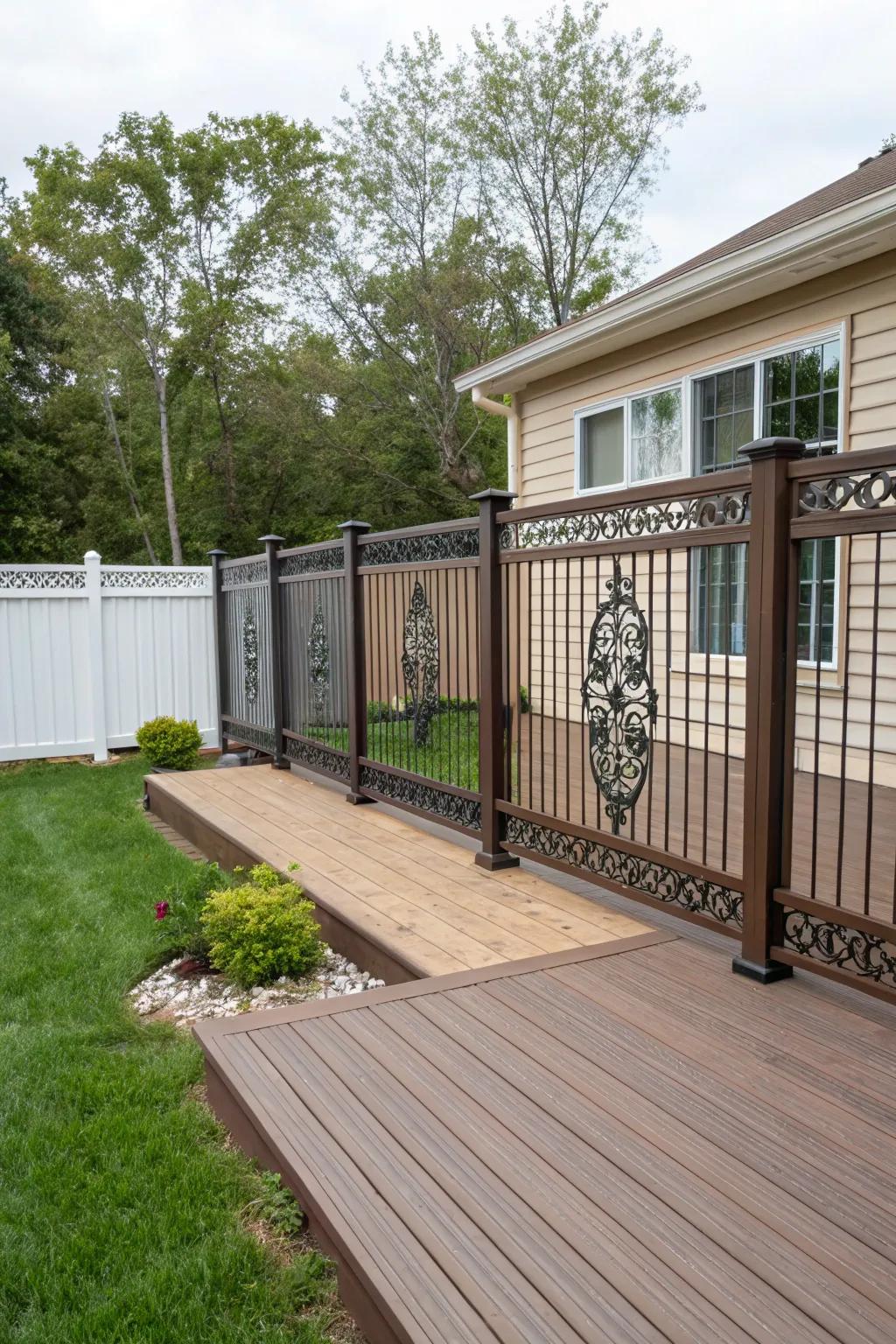 Ornamental metal grilles infuse artistry and seclusion into this inviting outdoor area.