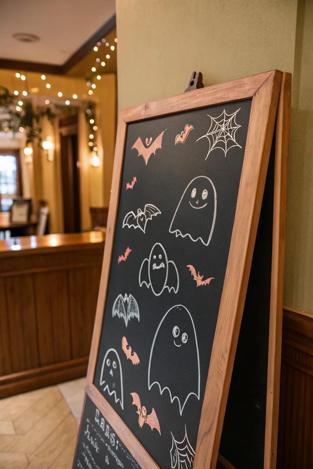 A chalkboard hinting at Halloween with small ghosts and bats sketched in chalk.