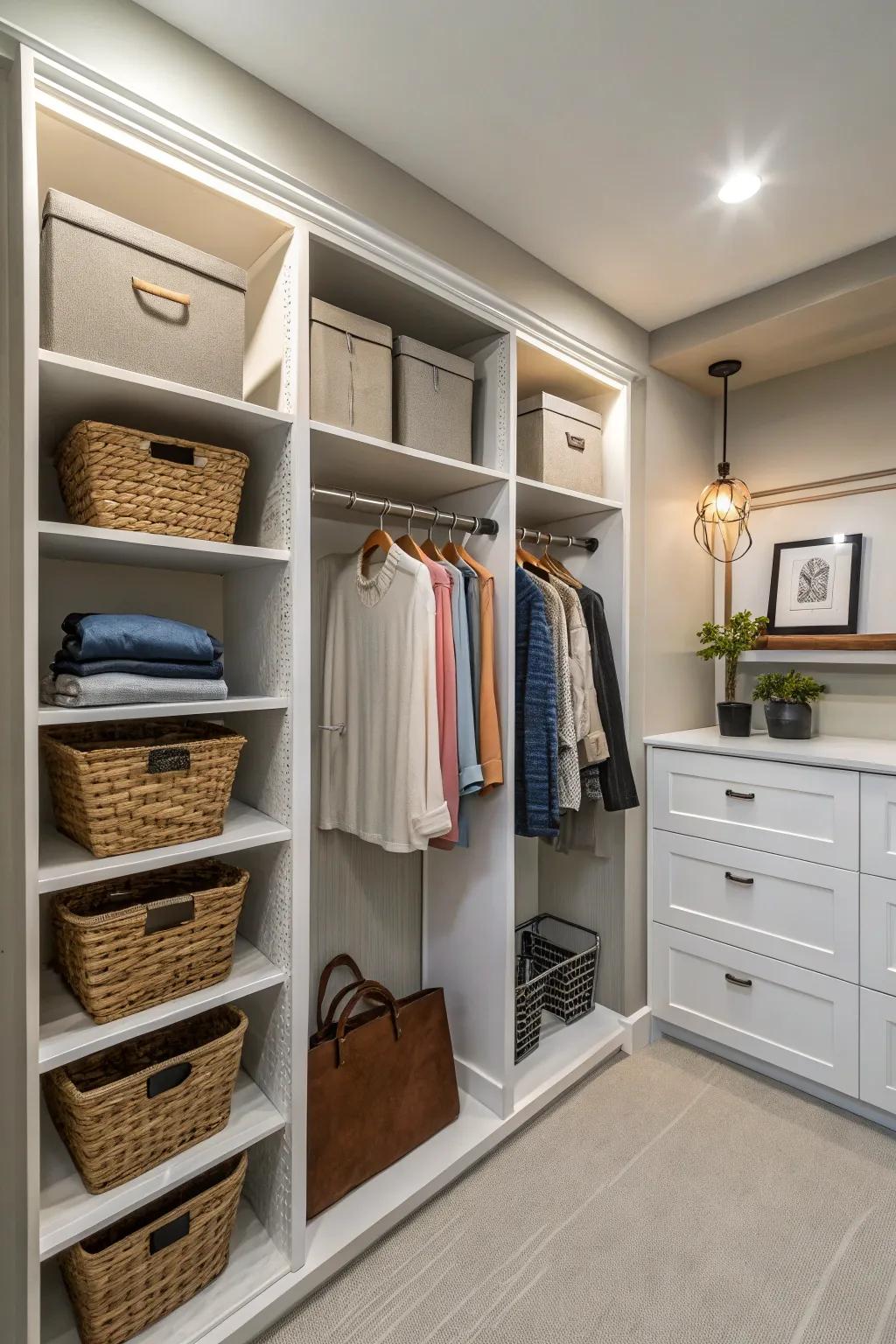 A shared closet capitalizing on every corner with clever storage solutions.