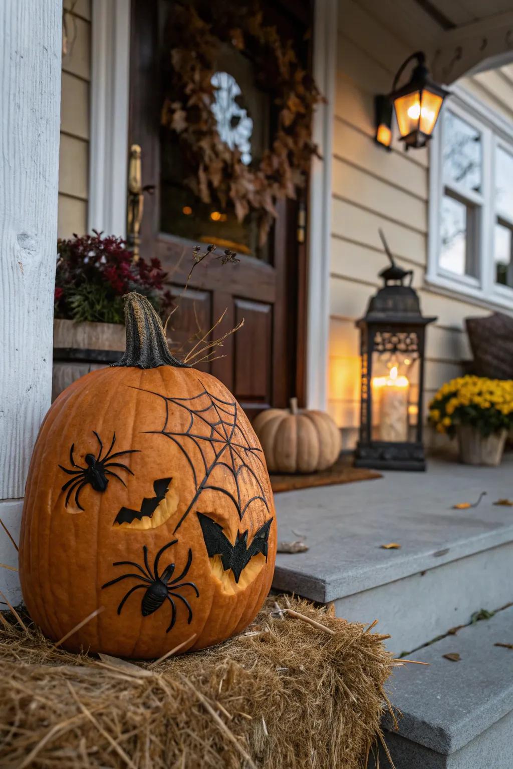 A gourd adorned with macabre insects, prepared for All Hallows’ Evening.