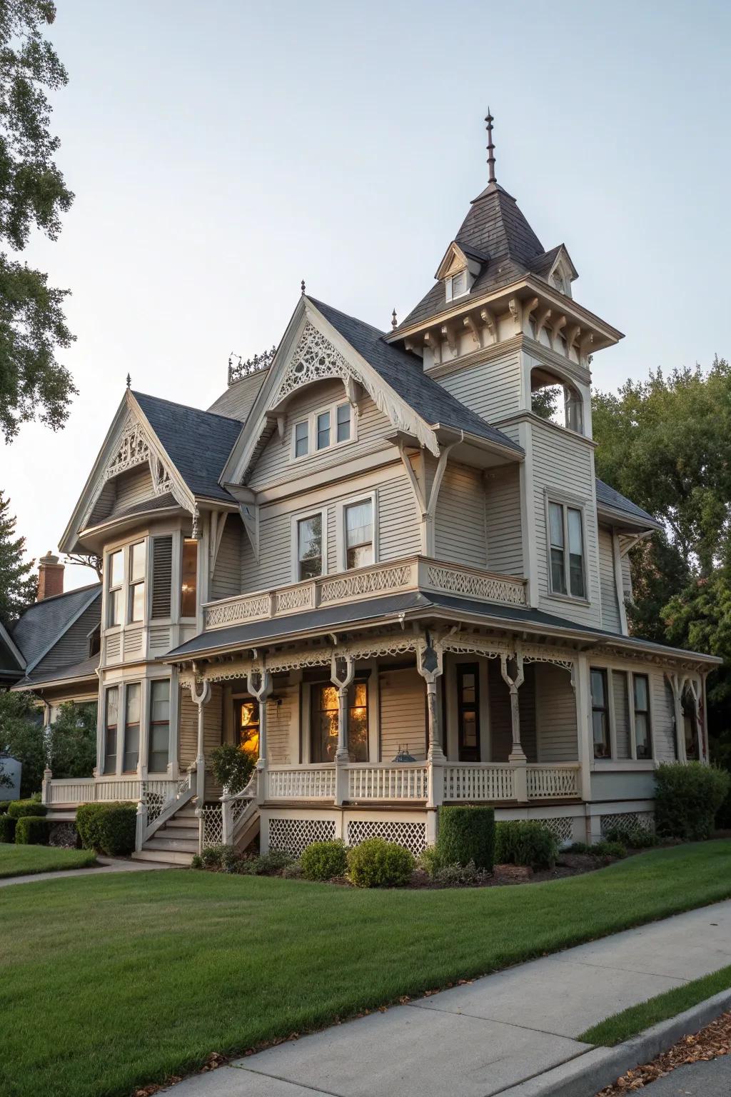 A Victorian-style home with an ornate shed dormer.