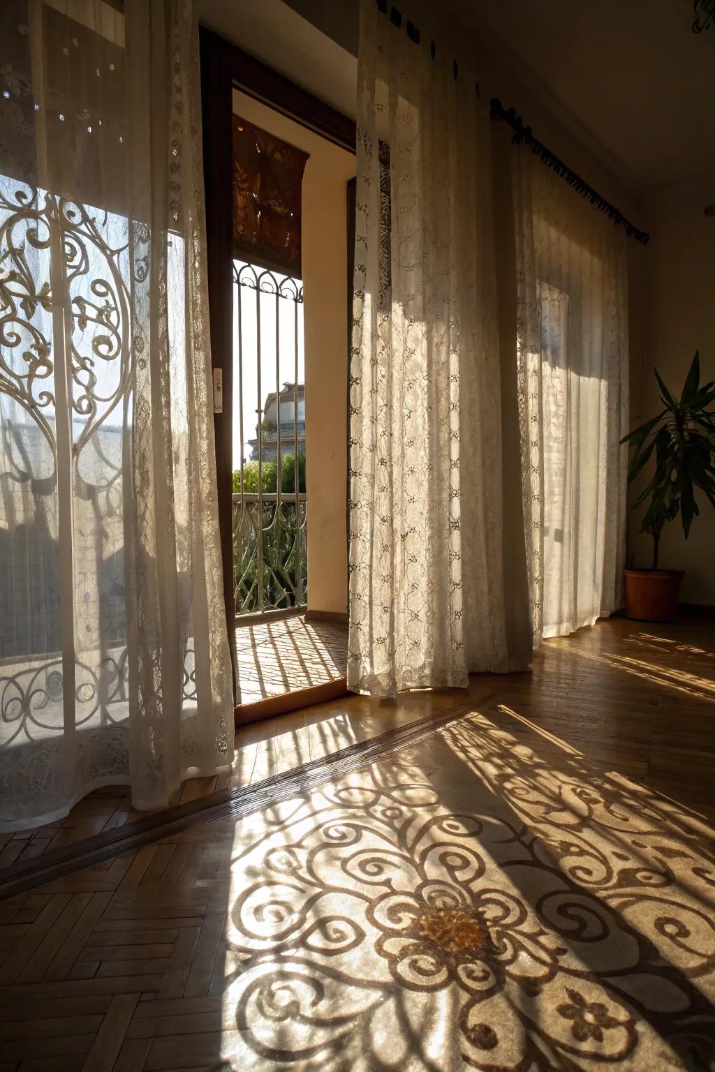 Patterned light-filtering curtains inject visual intrigue and artistic playfulness into any area.