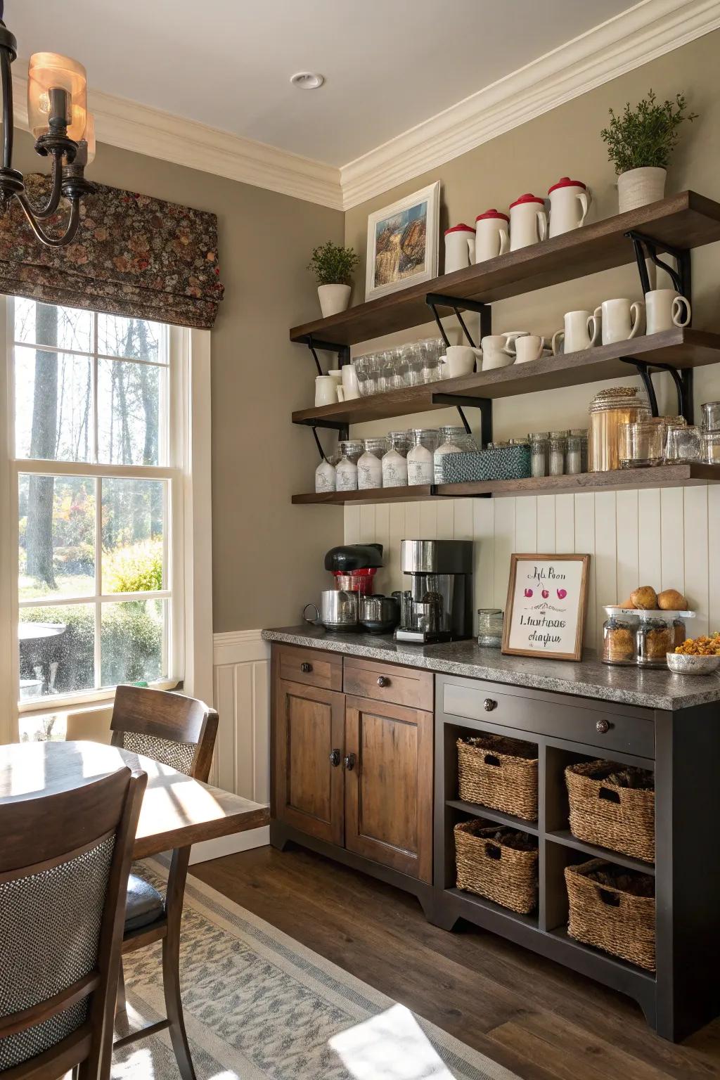A delightful coffee nook arrangement on dining room shelving.