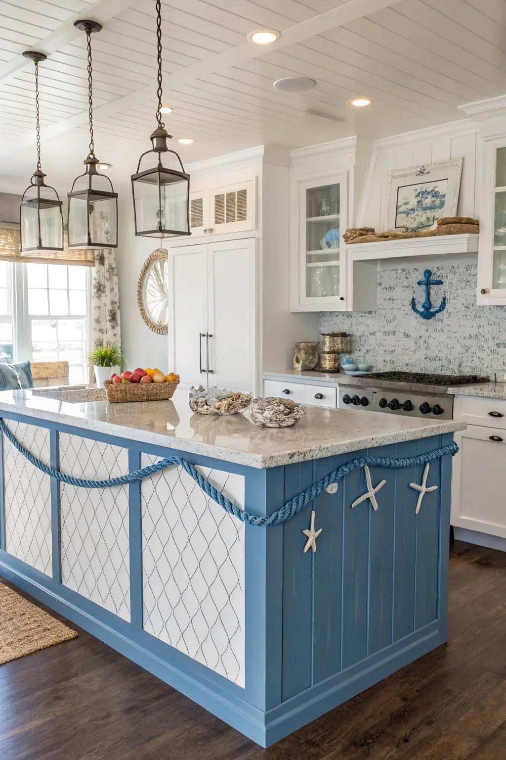 Coastal vibes emanating from a shiplap island in soothing blue hues.