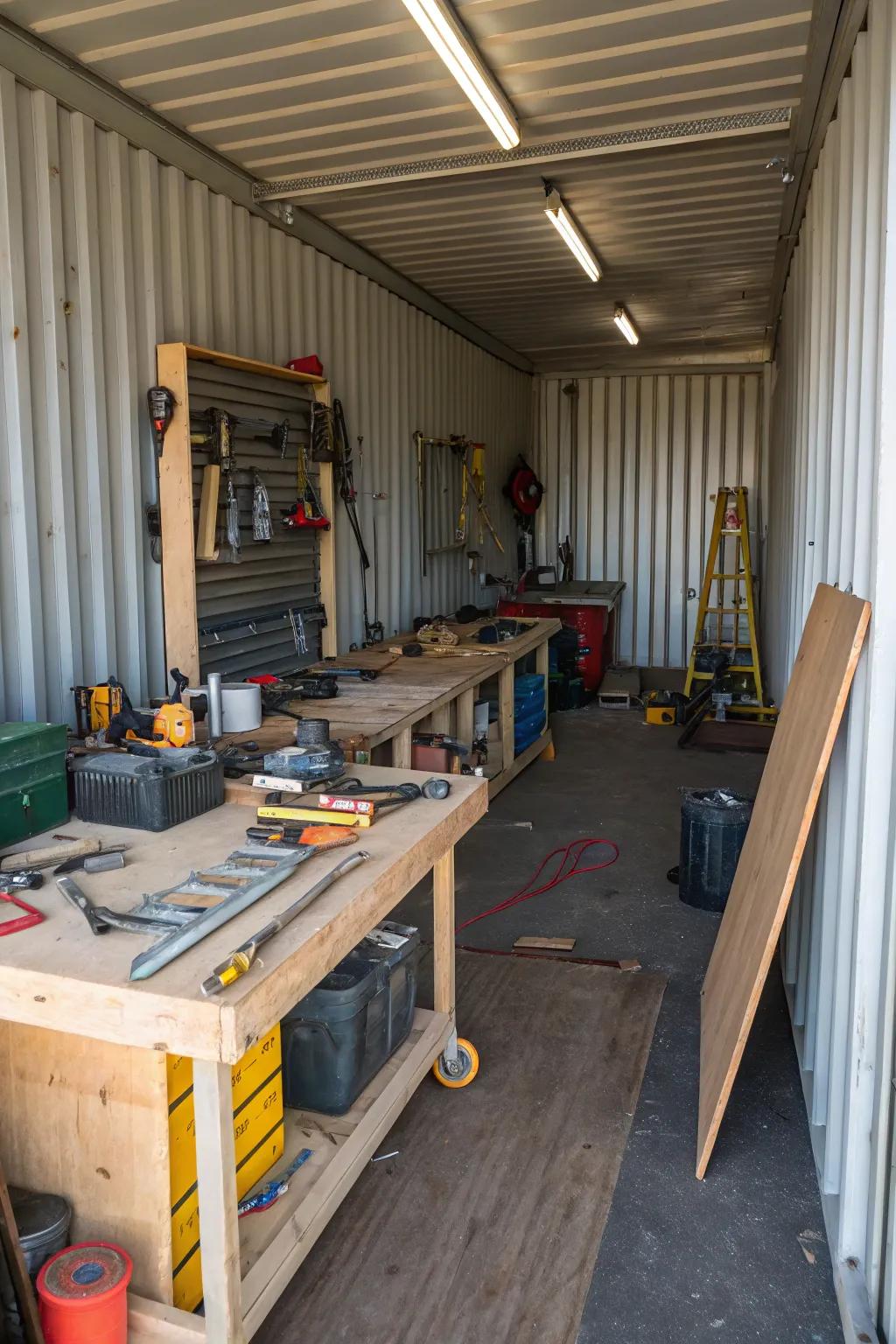 A lively workshop within a metal box barn.