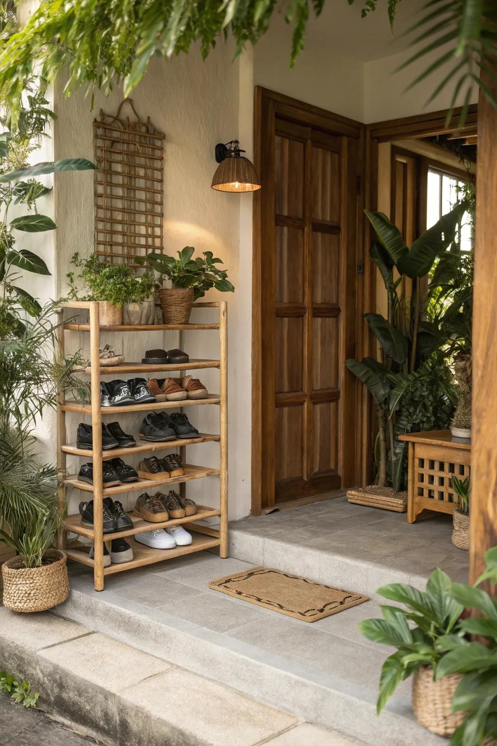 Eco-conscious bamboo racks introducing natural style to the hallway.